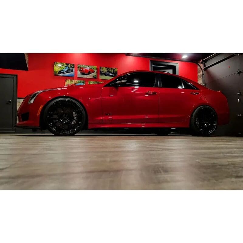 RaceDeck Smoked Oak Garage Floor Tiles Plus Red car