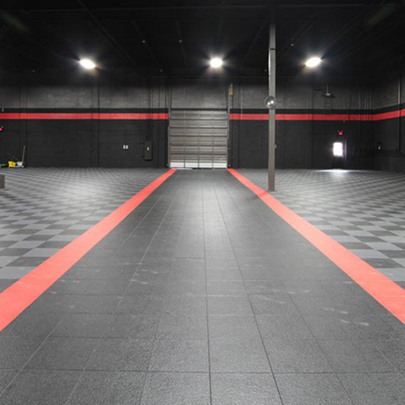 Sleek Looking Black, Gray, And Red Showroom Garage With SupraTile Slate PVC Floor Tiles