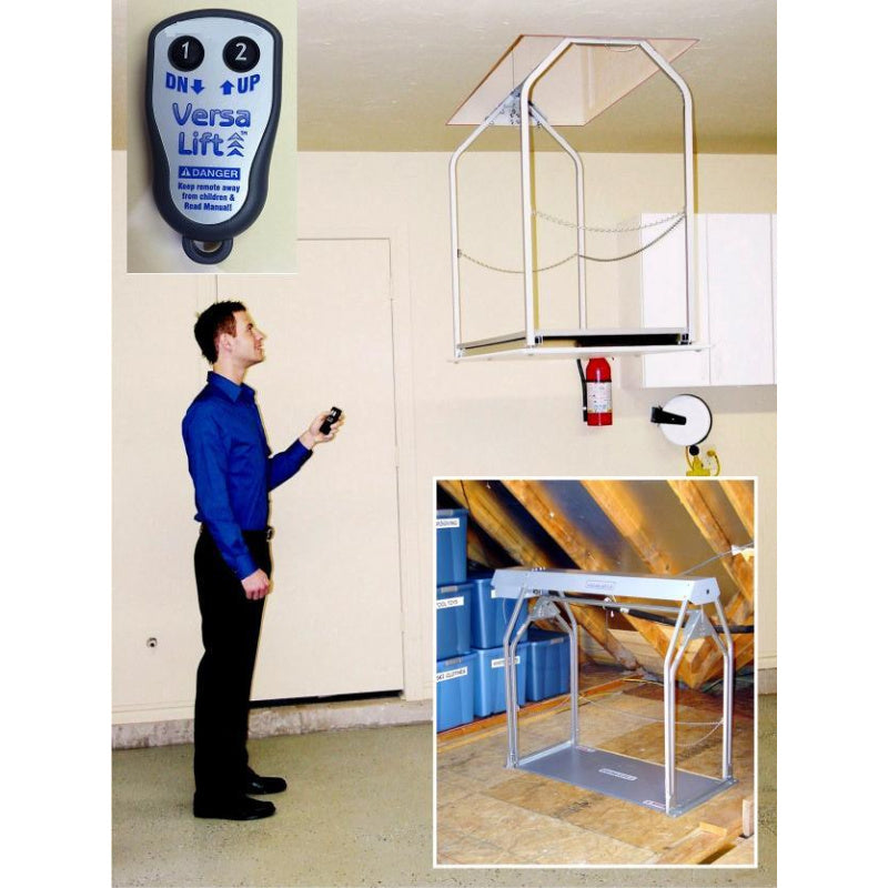 Man Shown Operating A Wireless Remote Control For His Versa Lift Attic Storage System