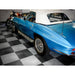 Classic Blue Convertible and Vintage Motorcycle on Black and White Checkered RaceDeck Tile XL Garage Floor