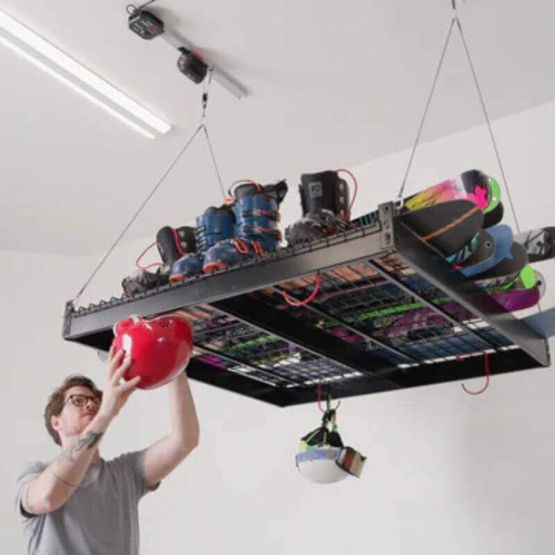 garage smart platform storage hooks ski gear helmet