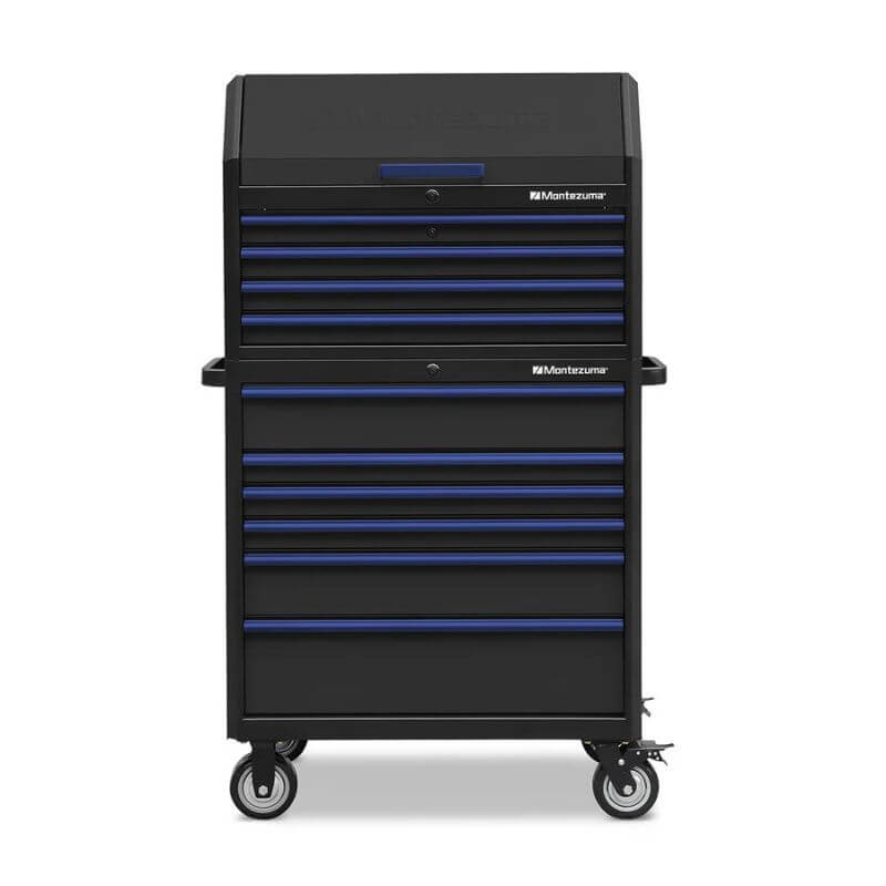 montezuma 36 tool box 10 drawer black blue trim