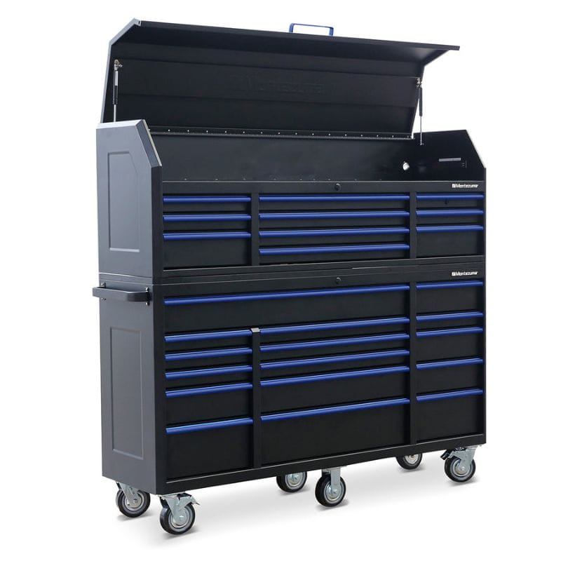 montezuma 72 inch 26 drawer tool box left view open