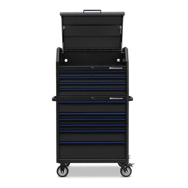 open top montezuma 36 tool box 10 drawer black blue trim