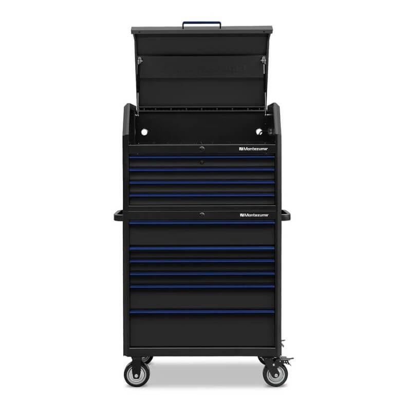 open top montezuma 36 tool box 10 drawer black blue trim