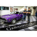 Vibrant Purple Dodge Challenger with Two Mechanics on Black and White RaceDeck XL Flooring Showcasing Graveyard Carz and SnapLock Branding