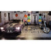 Stylish Garage Featuring a Classic Purple Mustang and Motorcycle on Black Textured Race Deck XL Floor with Military Flags and Semper Fi Emblem