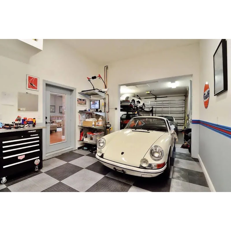 Vintage Porsche in a garage with RaceDeck Diamond Flooring Tiles